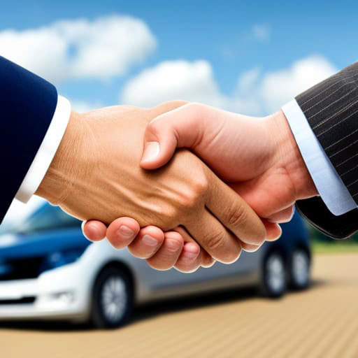 Two people shaking hands in front of a car.