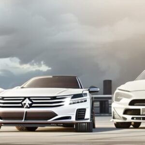 A white car and two other cars in front of a building.